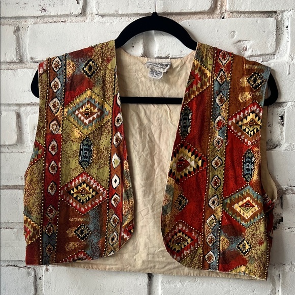 Vintage Jackets & Blazers - COTTON Vintage Multicolor Southwestern Patterned Vest Rust, Olive, Cream beaded